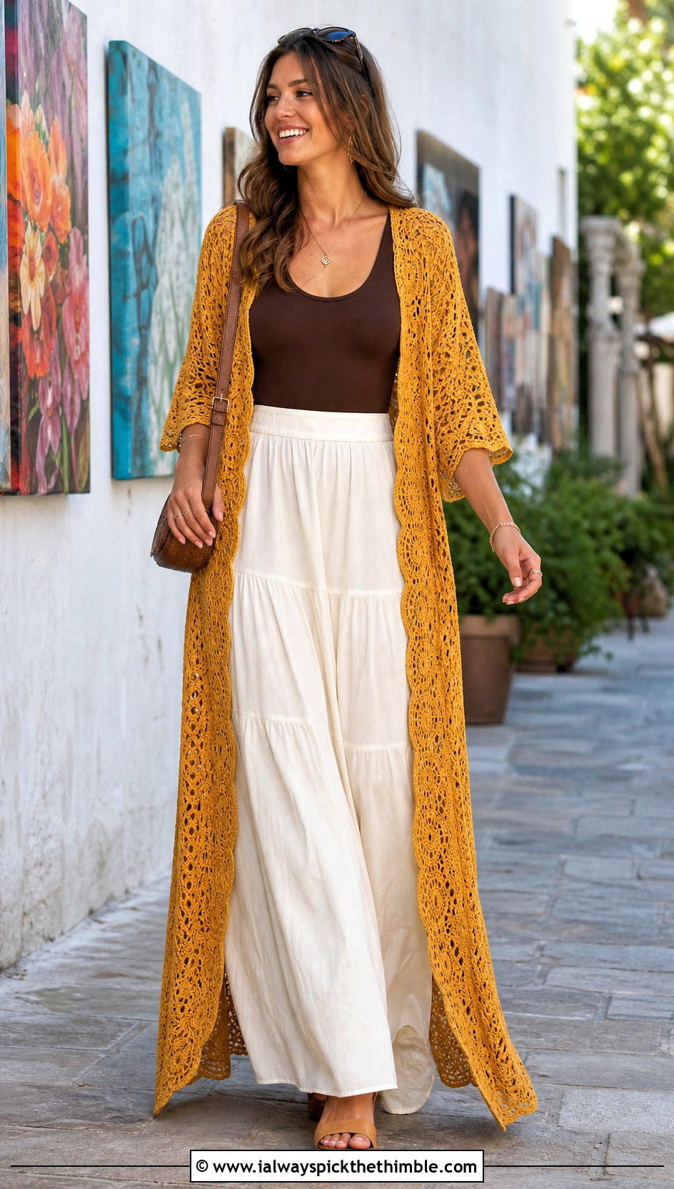 Duster Crochet Kimono With Maxi Skirt - 20 Boho Crochet Kimono outfit ideas