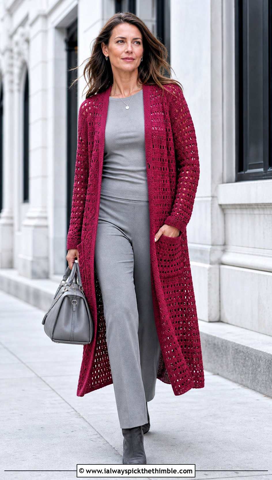 Duster Crochet Pocket Cardigan With Monochrome Outfit - 20 crochet sweater with pockets outfit ideas