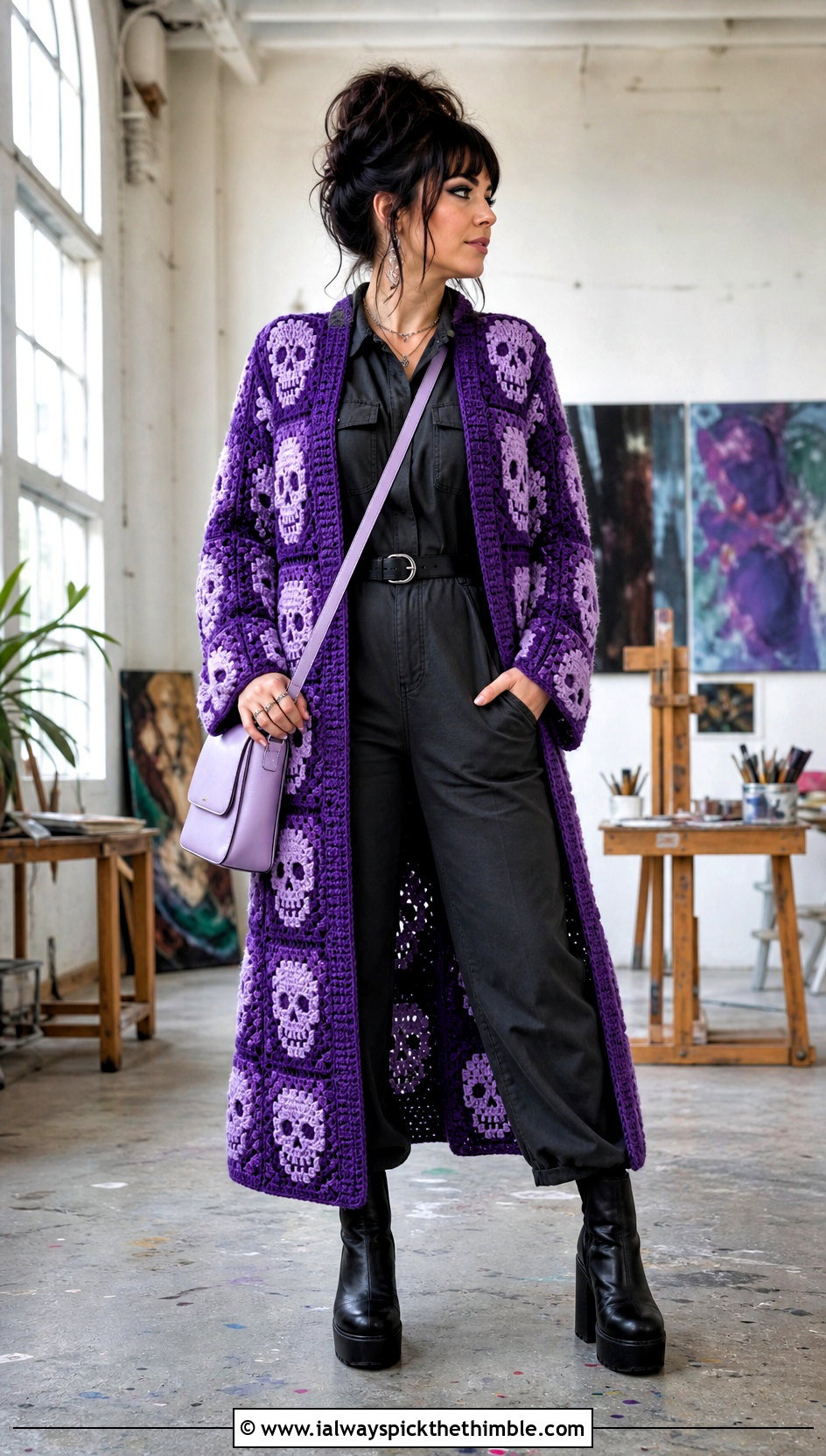 Duster Crochet Skull Granny Square Cardigan With Fitted Jumpsuit - 20 crochet skull granny square cardigan outfit ideas