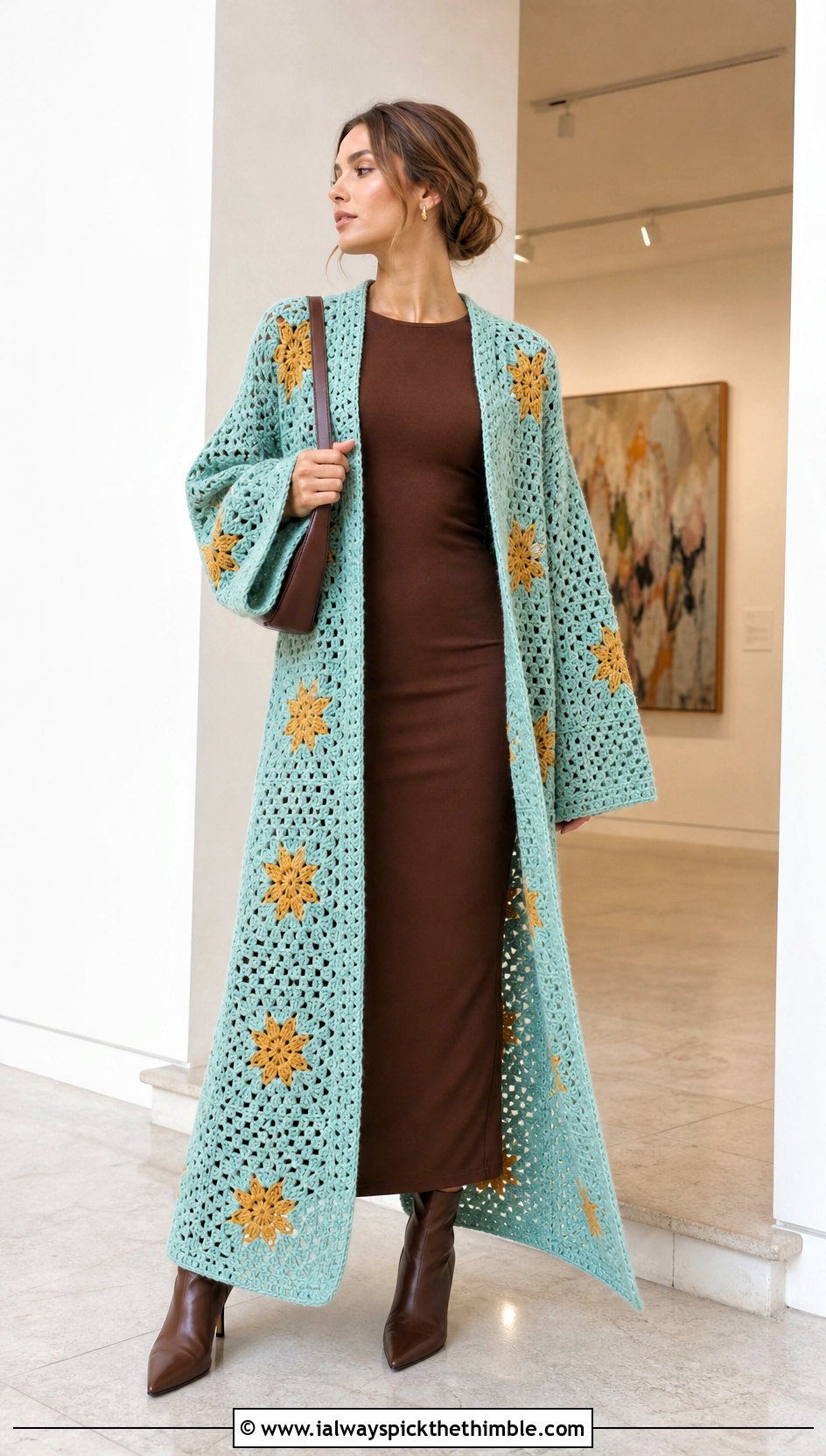 Duster Crochet Star Granny Square Cardigan With Column Dress - 20 Crochet Star Granny Square Cardigan outfit ideas