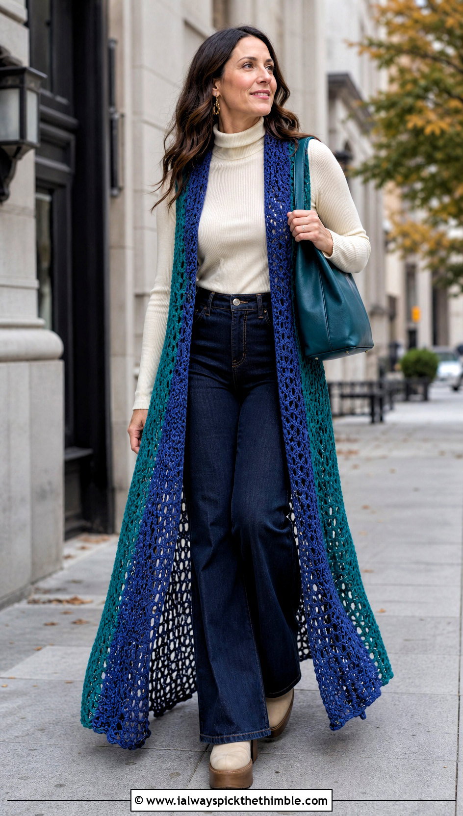 Duster Crochet Vest With Turtleneck And Flare Jeans - 25 crochet vest outfits for women outfit ideas