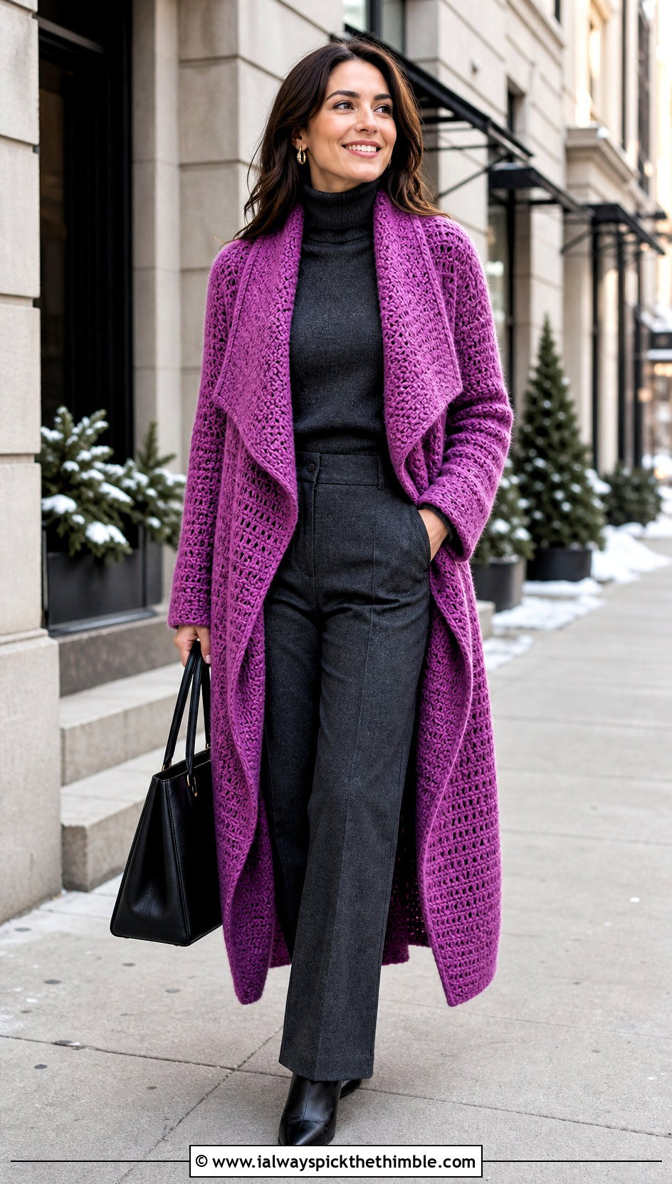 Duster Crochet Waterfall Cardigan With Wool Trousers - 20 crochet waterfall cardigan outfit ideas