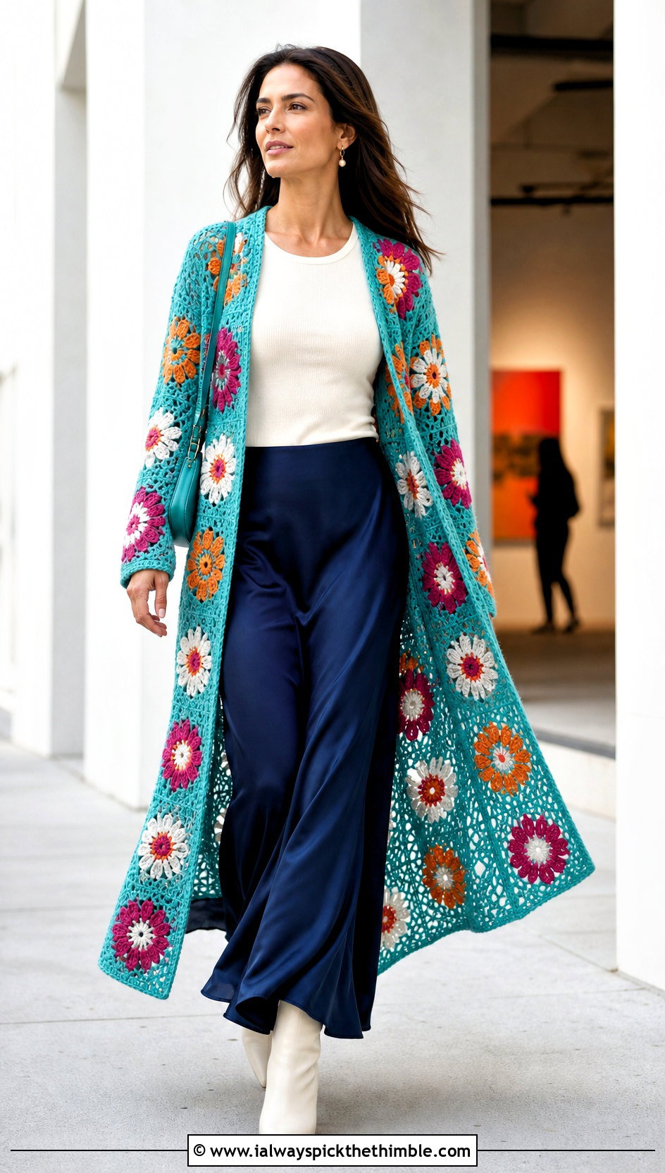 Duster Daisy Granny Square Cardigan With Bias Maxi Skirt - 20 Daisy Granny Square Cardigan outfit ideas
