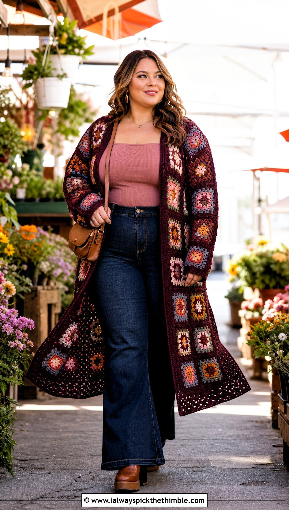 Duster Granny Square Cardigan With Flared Jeans - 20 plus size crochet granny square cardigan outfit ideas