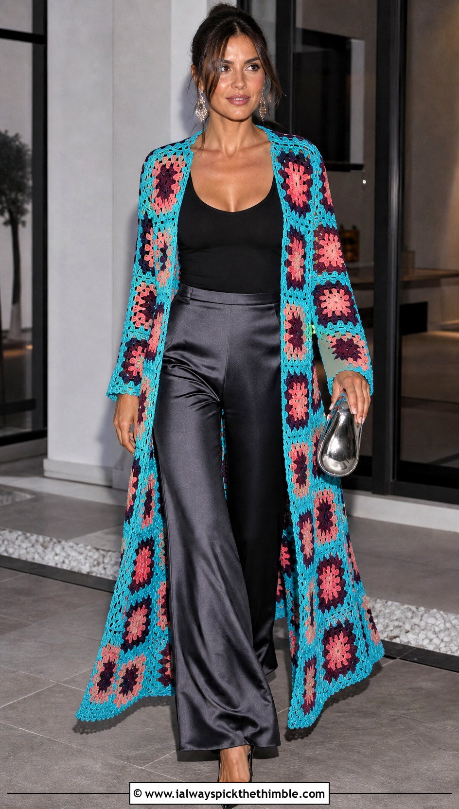 Duster Granny Square Cardigan With Satin Pants - 15 Womens Granny Square Cardigan outfit ideas