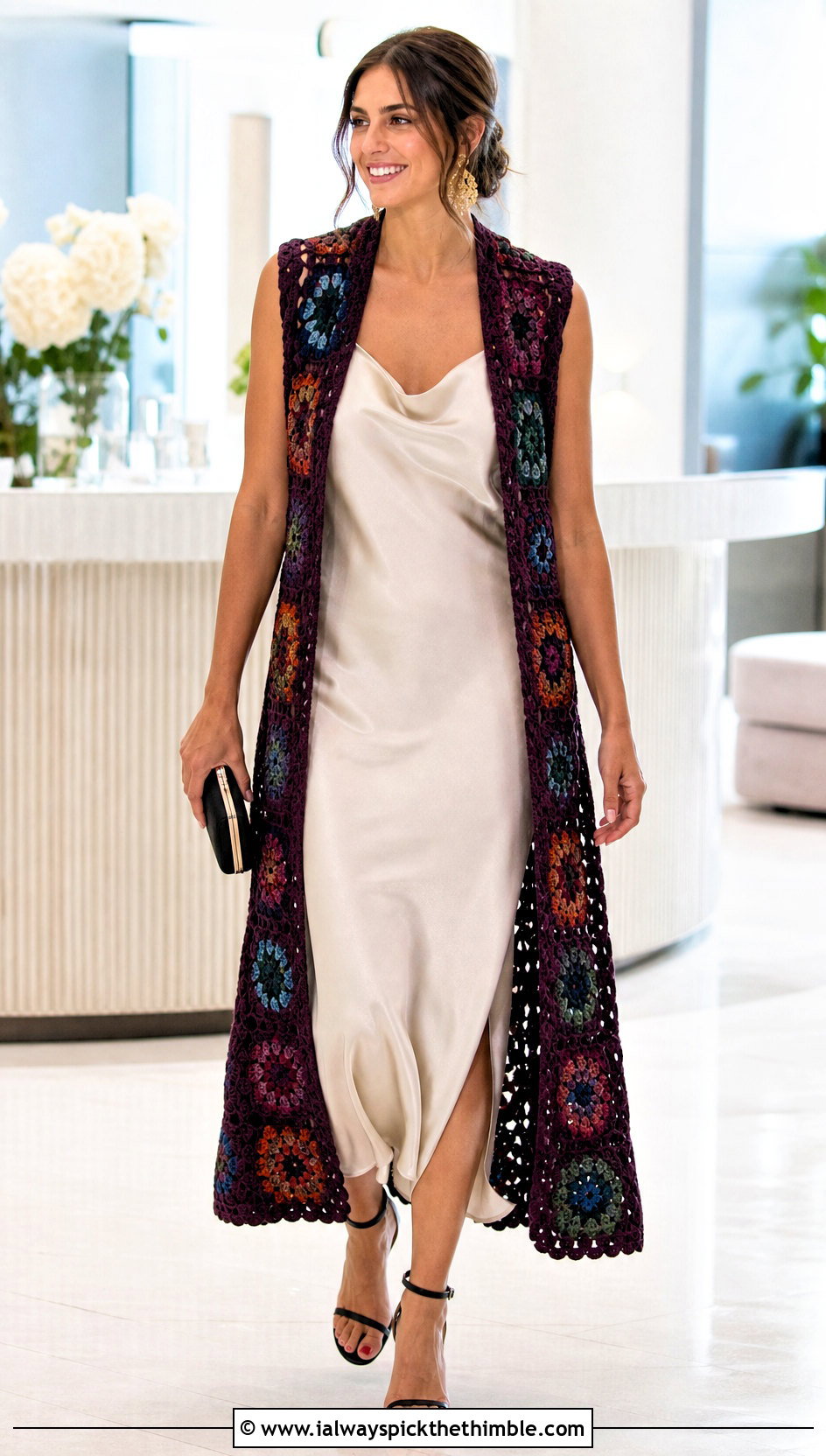Duster Granny Square Long Vest With Satin Slip Dress - 20 Granny Square Long Vest outfit ideas