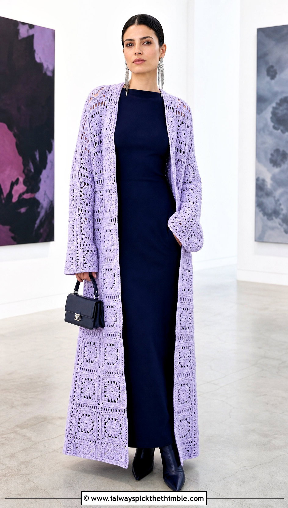 Duster Granny Square Stitch Cardigan With Column Dress - 20 granny square stitch sweater outfit ideas