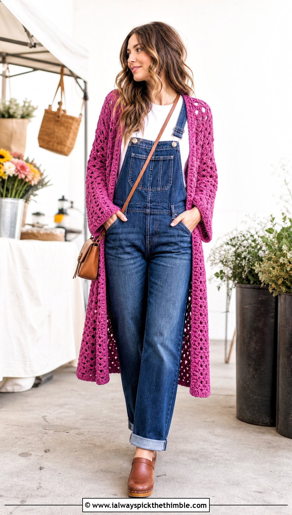 Duster Lightly Toasted Crochet Cardigan With Denim Overalls - 20 lightly toasted crochet cardigan outfit ideas