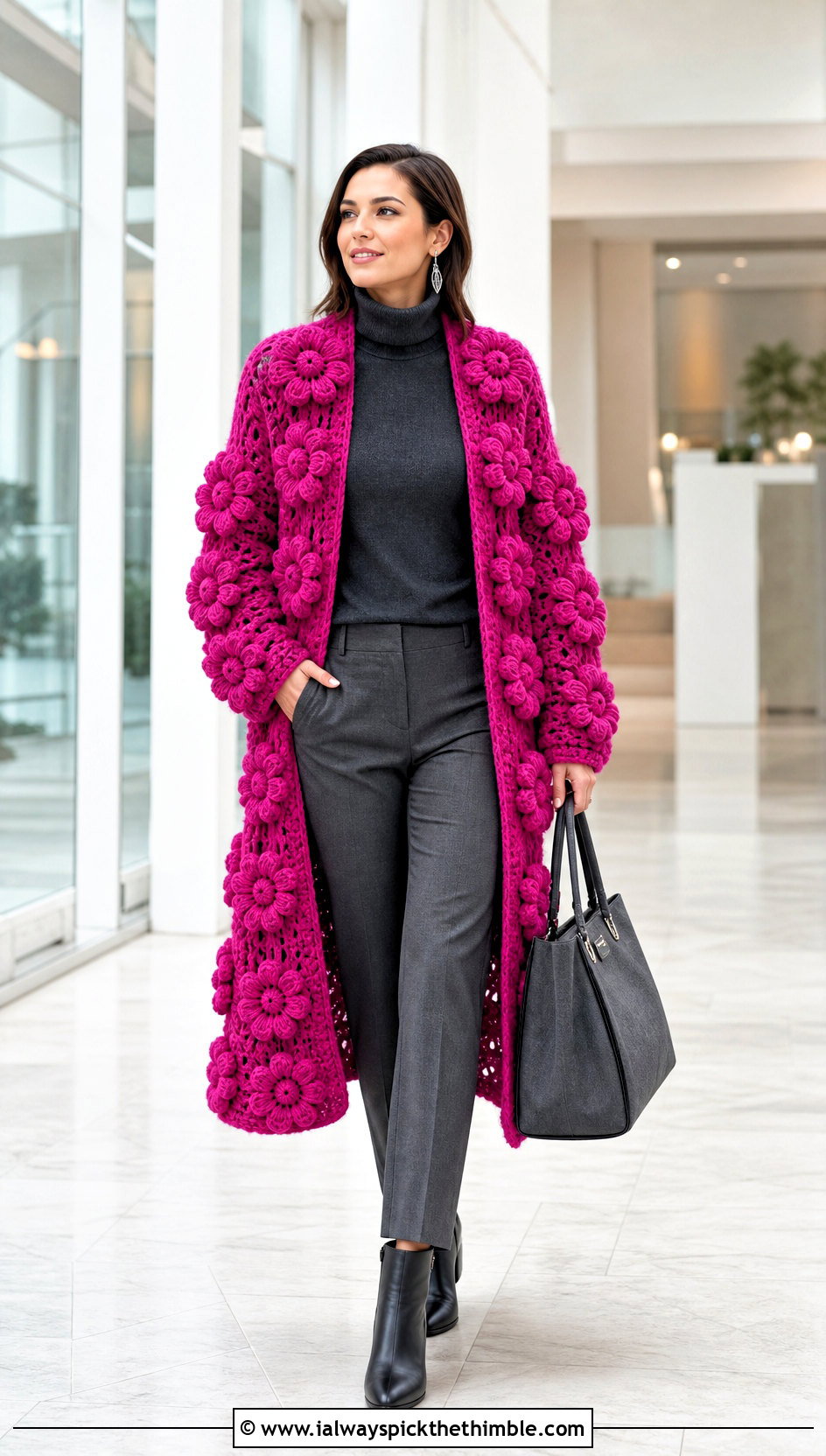 Duster Puff Flower Crochet Cardigan With Monochrome Winter Layers - 20 puff flower crochet cardigan outfit ideas