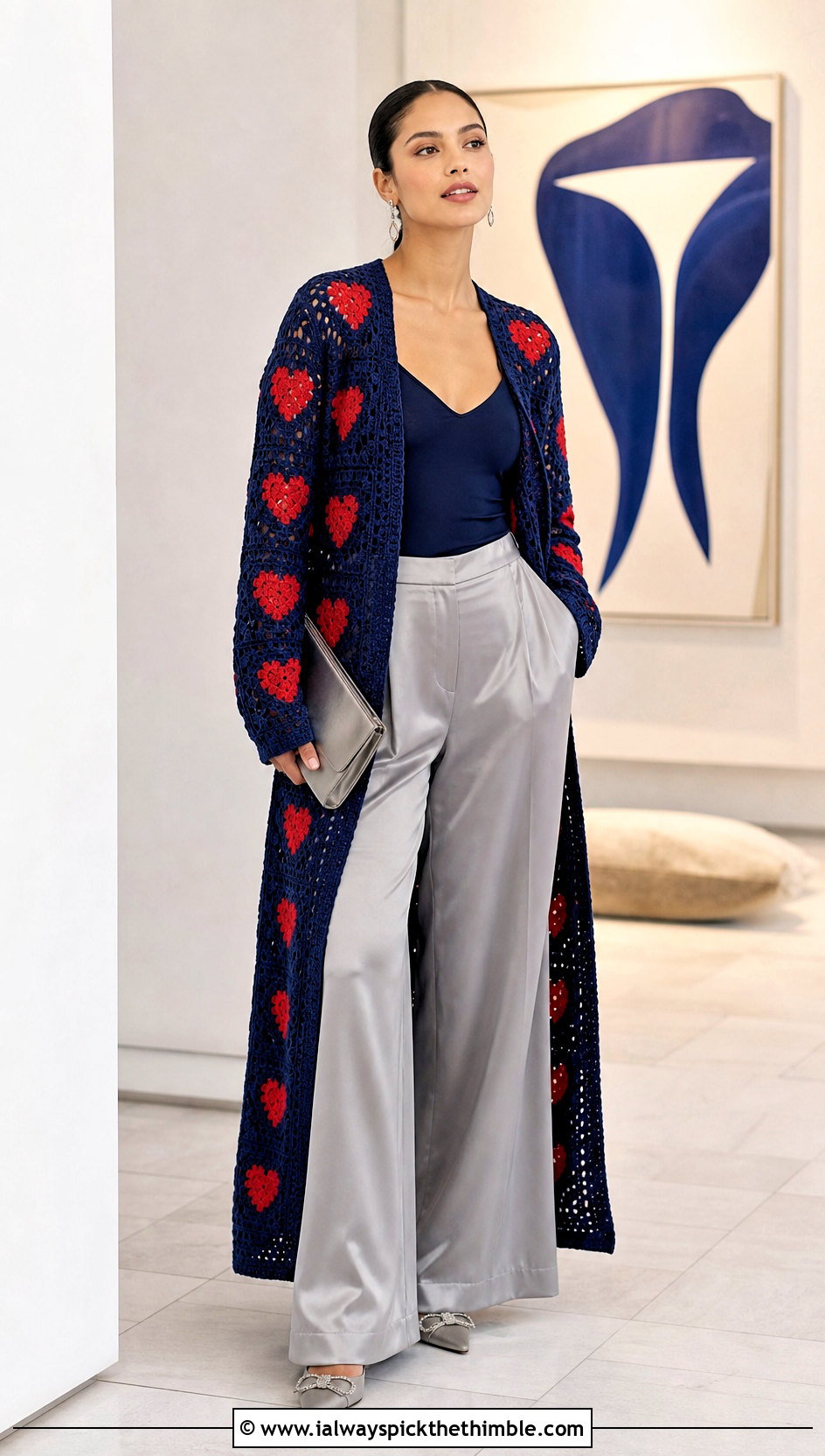 Duster Red Heart Granny Square Cardigan With Satin Wide Leg Pants - 15 red heart granny square cardigan outfit ideas