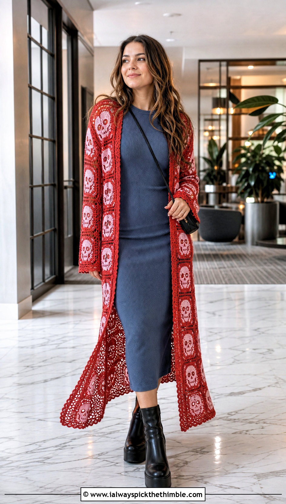 Duster Skull Granny Square Cardigan With Ribbed Midi Dress - 20 skull granny square cardigan outfit ideas