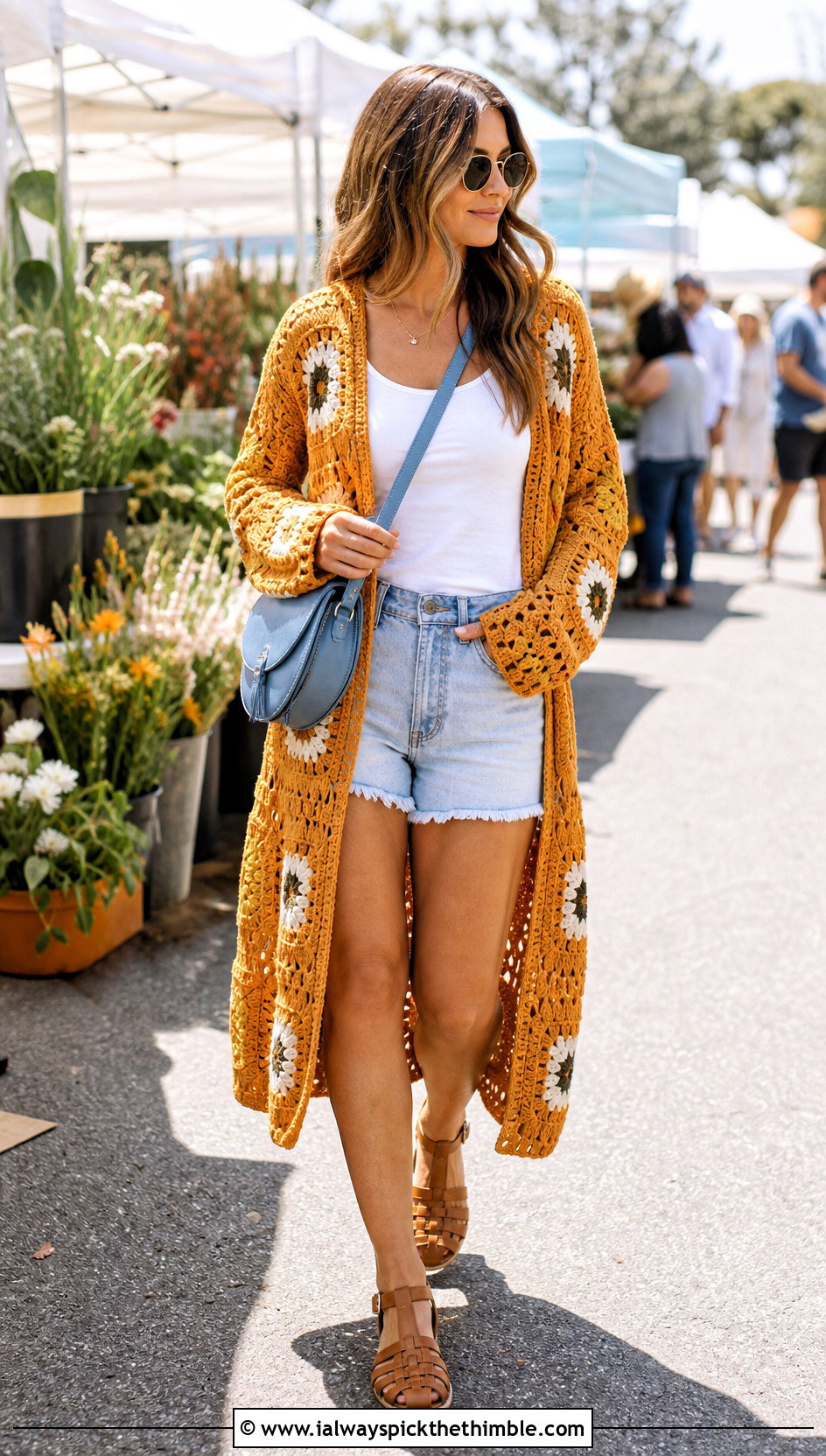 Duster Solid Granny Square Cardigan With Denim Shorts - 20 Crochet Solid Granny Square Cardigan outfit ideas