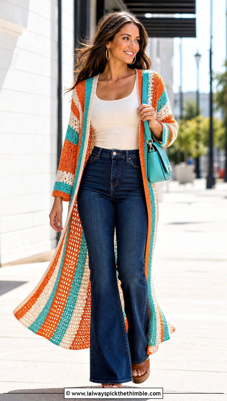 Duster Stripe Crochet Cardigan With Tank And Flared Jeans - 25 crochet striped cardigan outfit ideas
