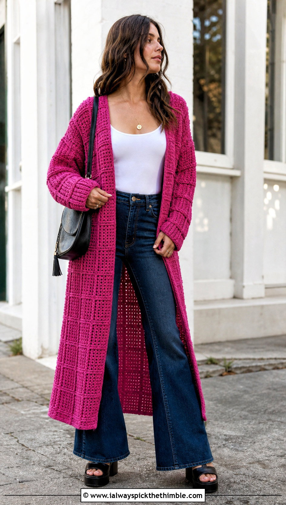 Duster Waffle Stitch Crochet Cardigan With Tank And Flared Jeans - 20 crochet waffle stitch cardigan outfit ideas