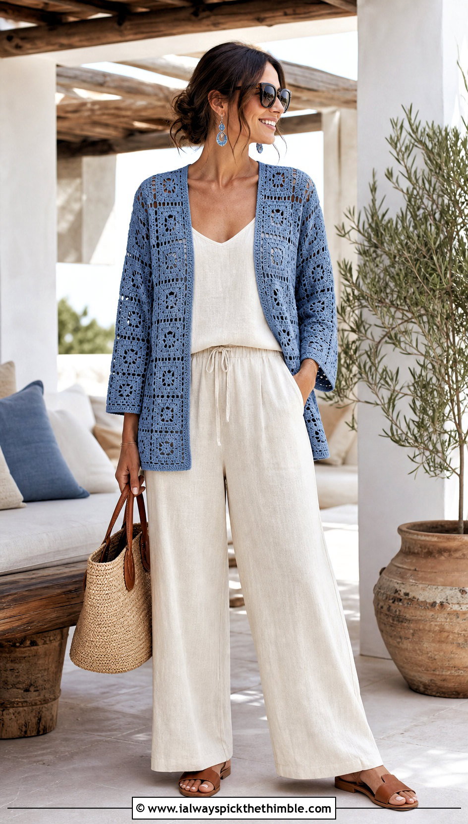 Dusty Blue Open Front Granny Square Cardigan With Linen Set - 20 blue granny square cardigan outfit ideas
