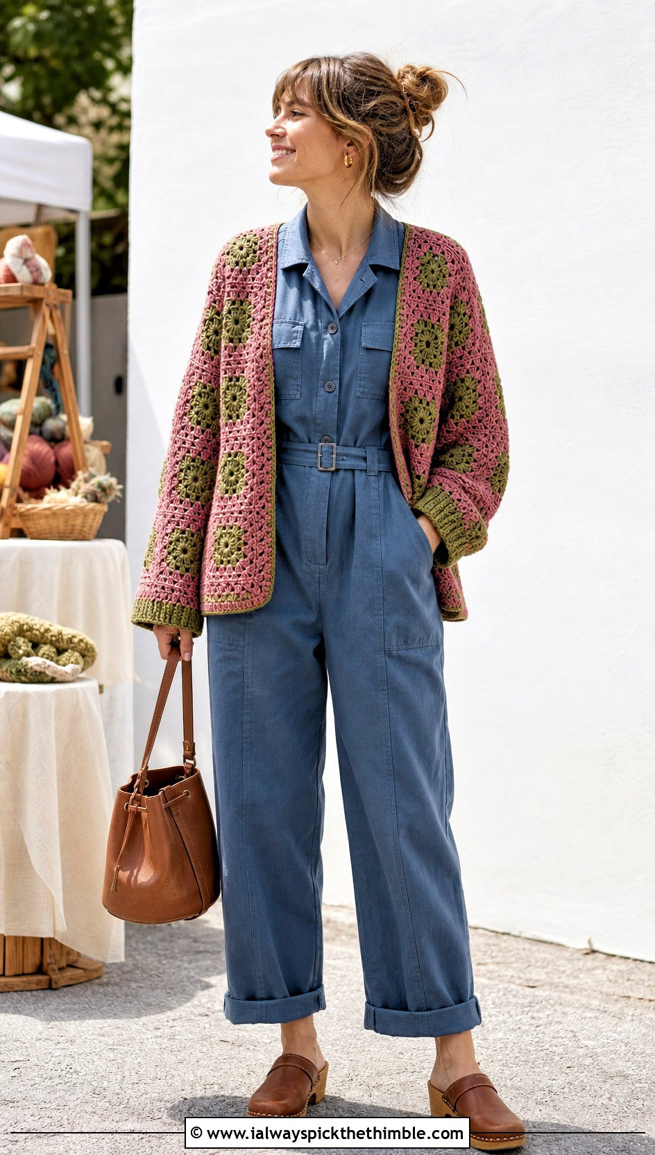 Dusty Pink Granny Square Cardigan With Utility Jumpsuit - 25 pink granny square cardigan outfit ideas