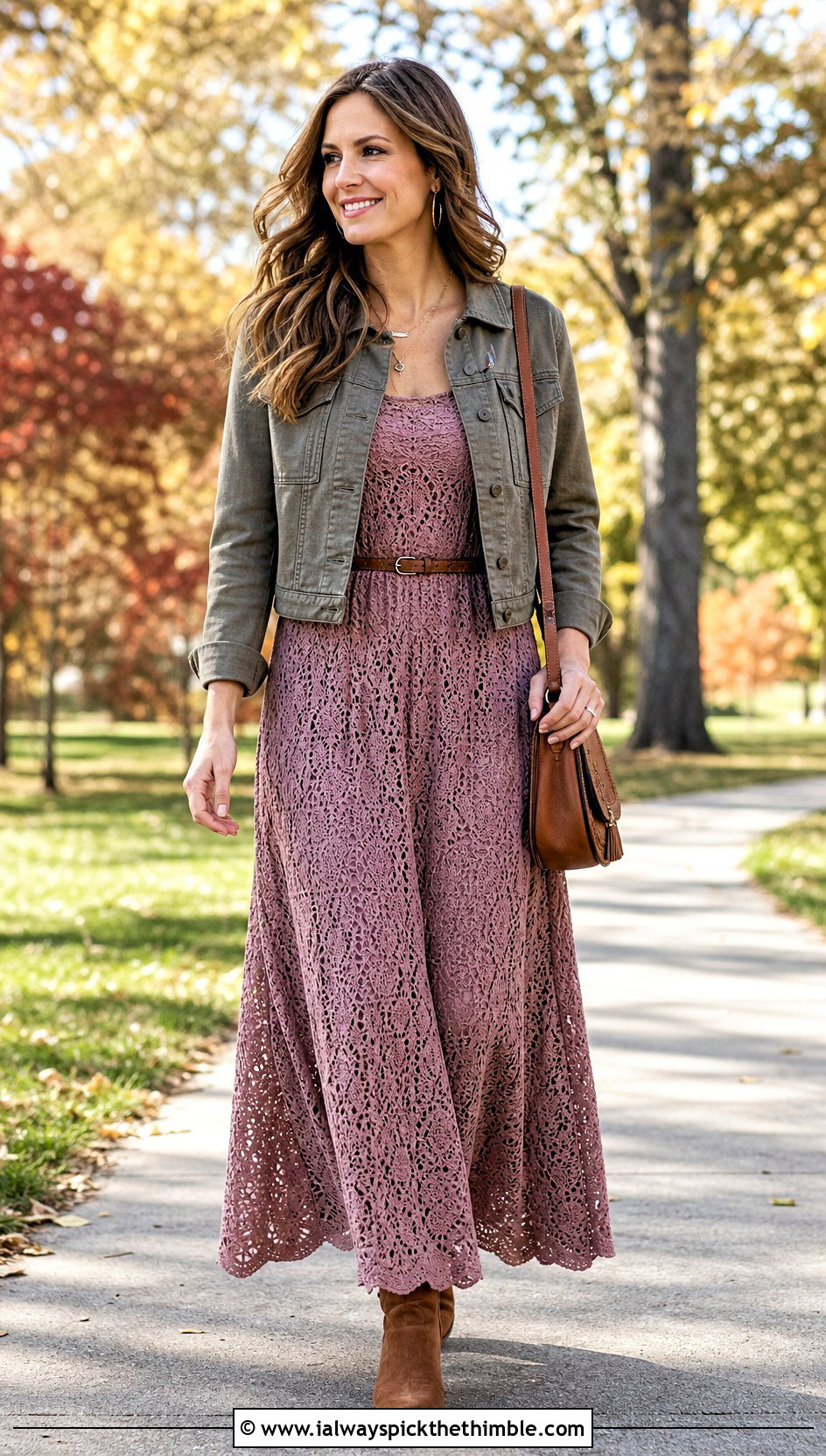 Dusty Rose Crochet Maxi Dress With Utility Jacket - 20 Pastel Crochet Clothes and outfit ideas