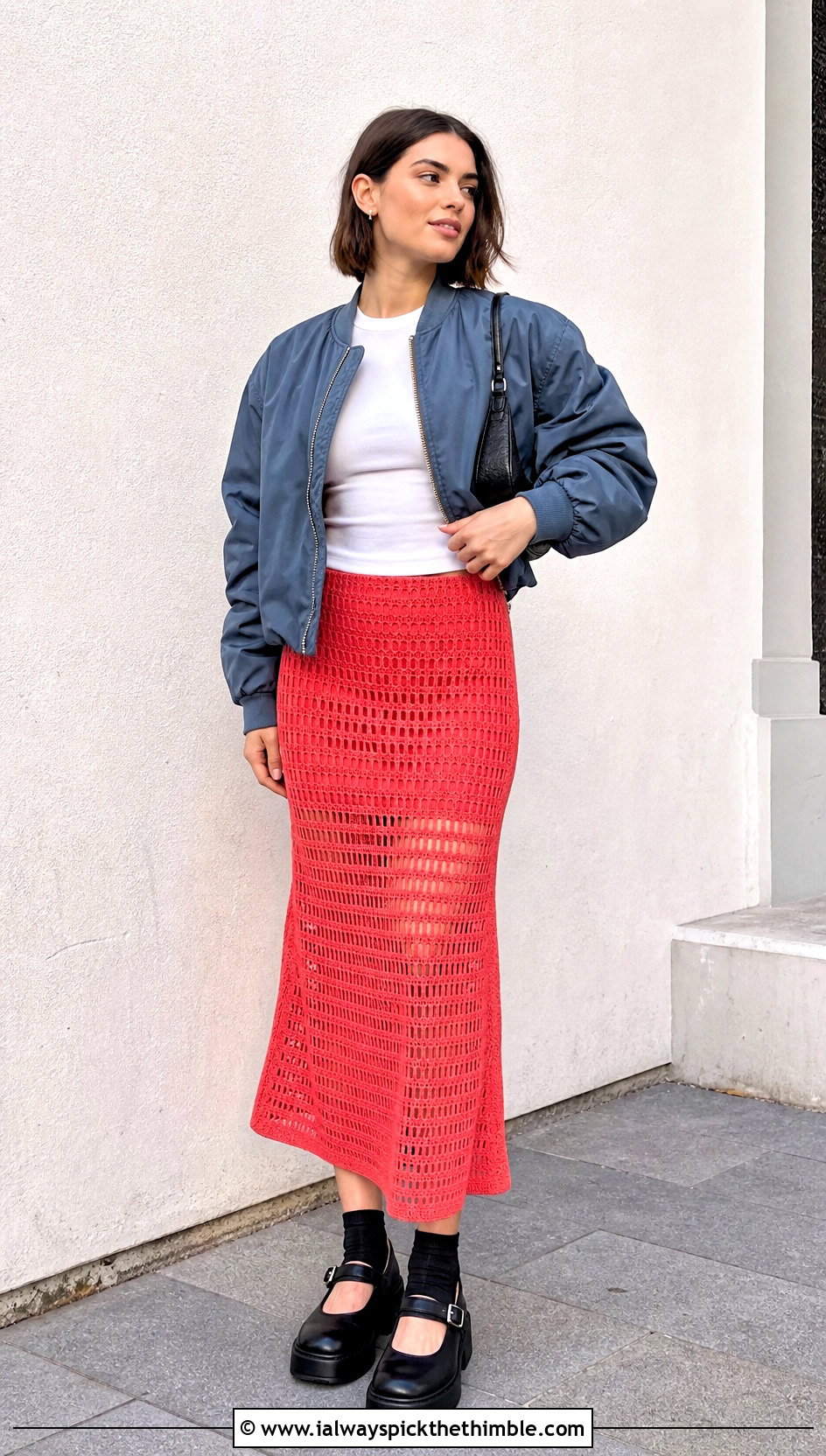 ELLE Crochet Skirt With Bomber Jacket And Mary Janes - 20 crochet elle skirt outfit ideas