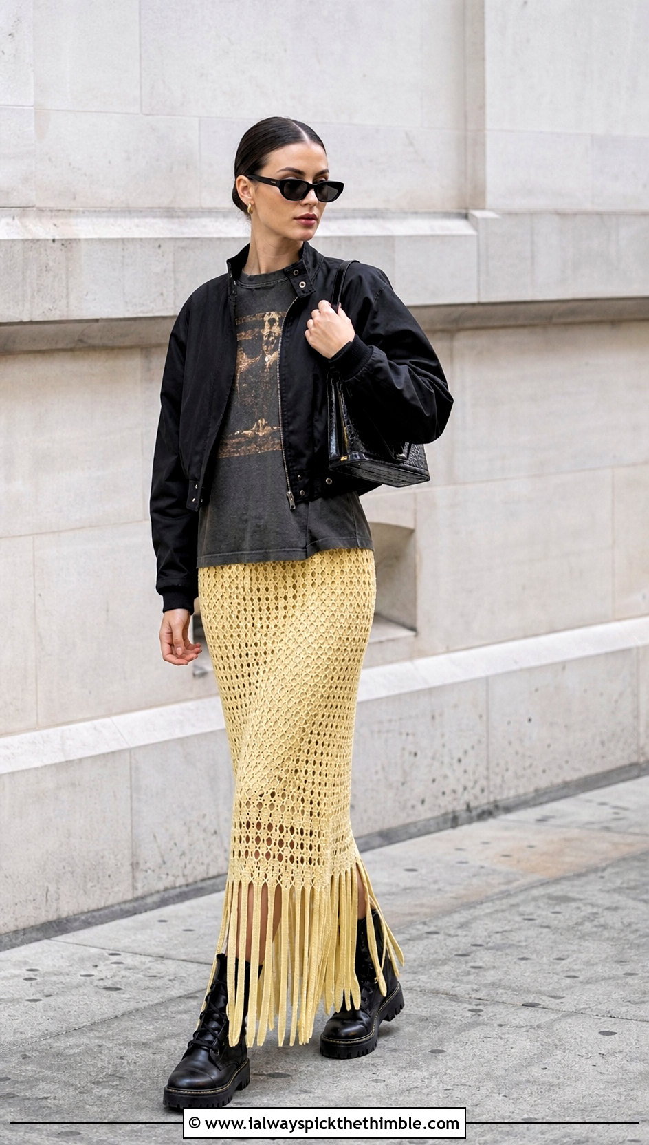 ELLE Crochet Skirt With Graphic Tee And Combat Boots - 20 crochet elle skirt outfit ideas