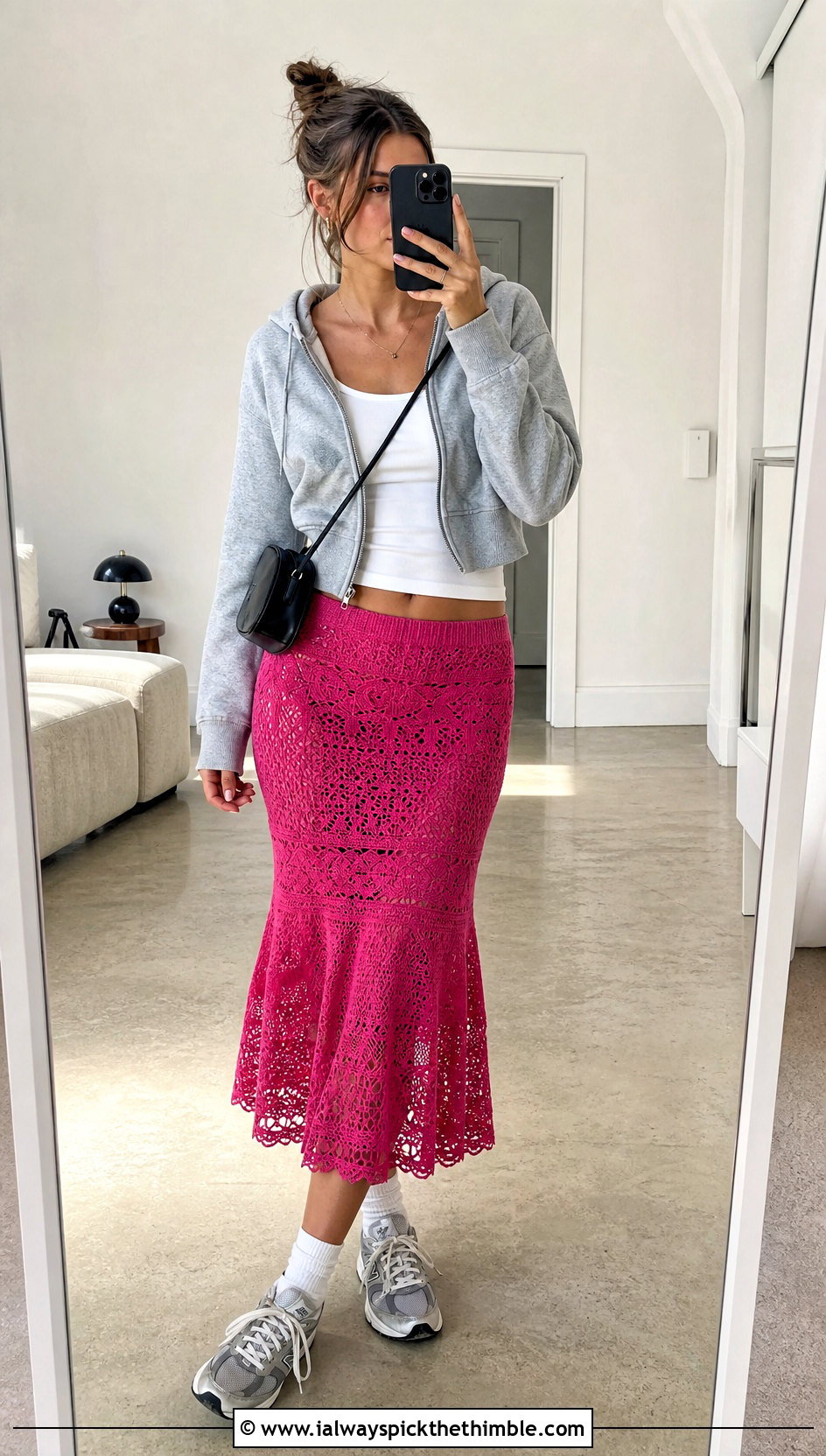 ELLE Crochet Skirt With Hoodie And Retro Sneakers - 20 crochet elle skirt outfit ideas