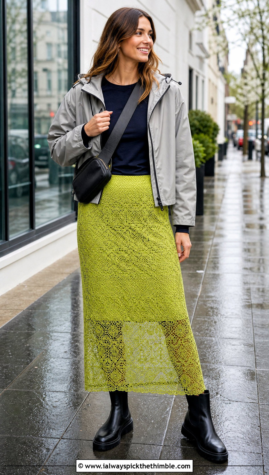 ELLE Crochet Skirt With Rain Jacket And Chelsea Boots - 20 crochet elle skirt outfit ideas