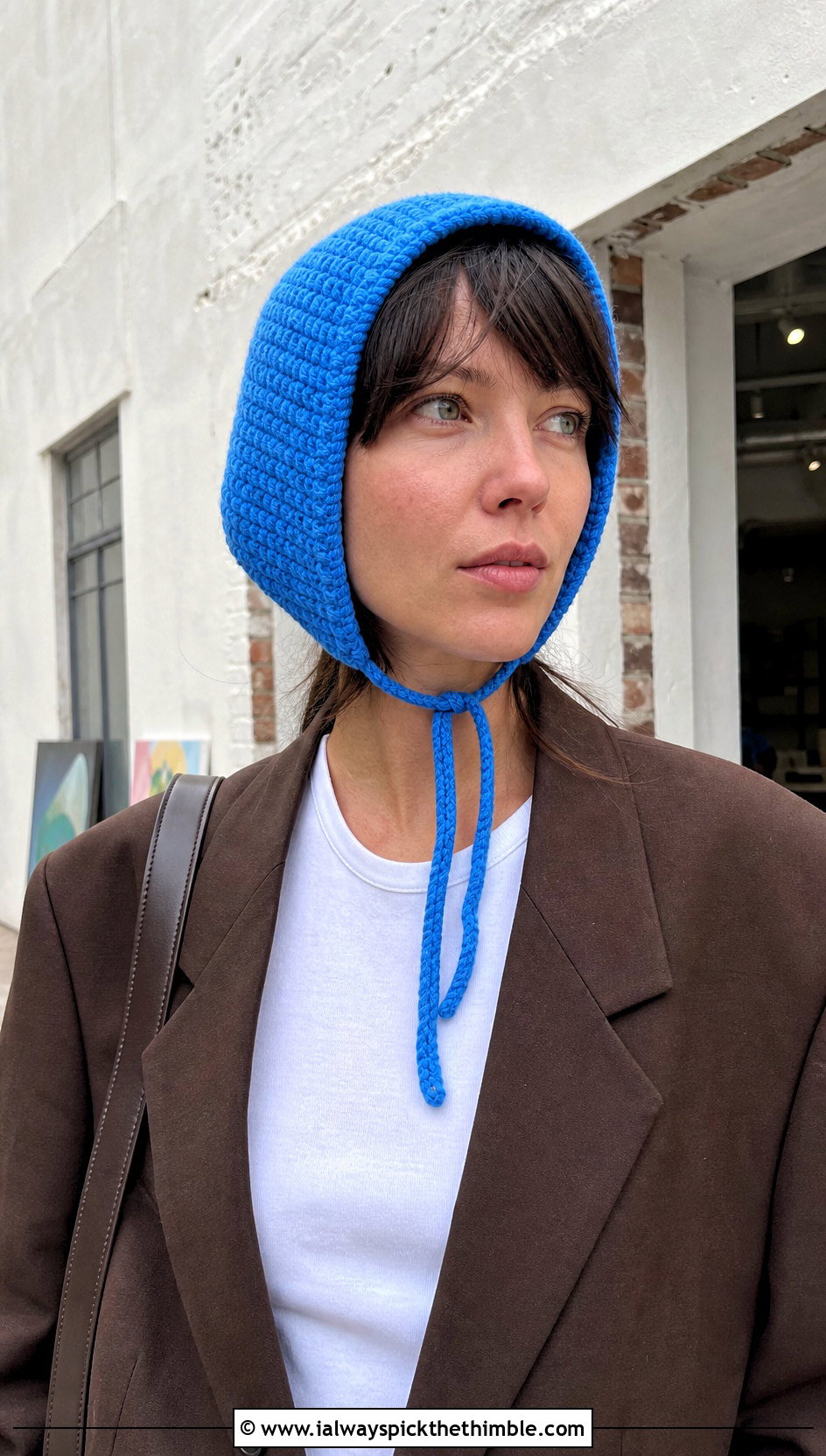 Ear Flap Bonnet With Oversized Blazer - 25 crochet bonnets outfit ideas