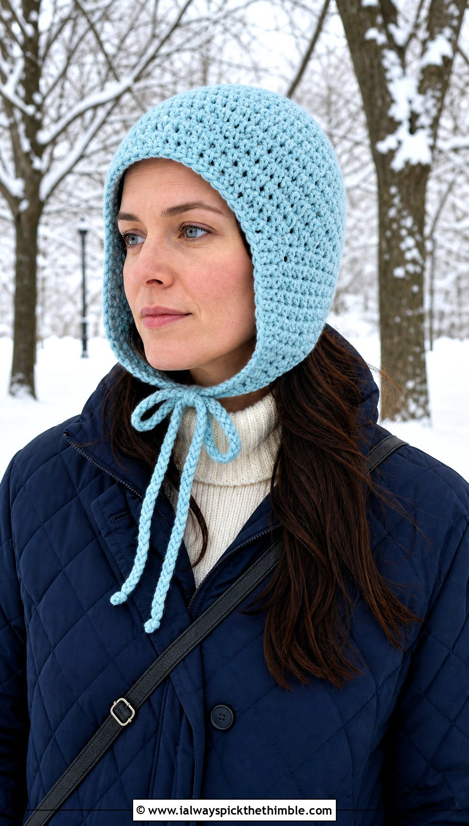Ear Flap Crochet Bonnet With Quilted Coat - 25 crochet bonnet outfit ideas