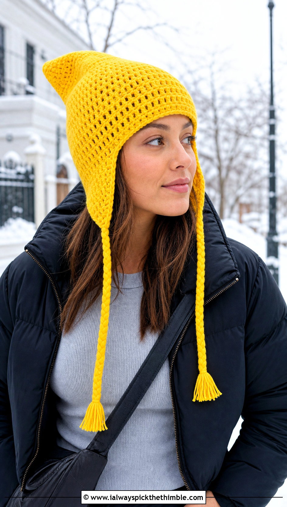 Ear Flap Crochet Link Hat With Puffer Jacket - 20 crochet link hat outfit ideas