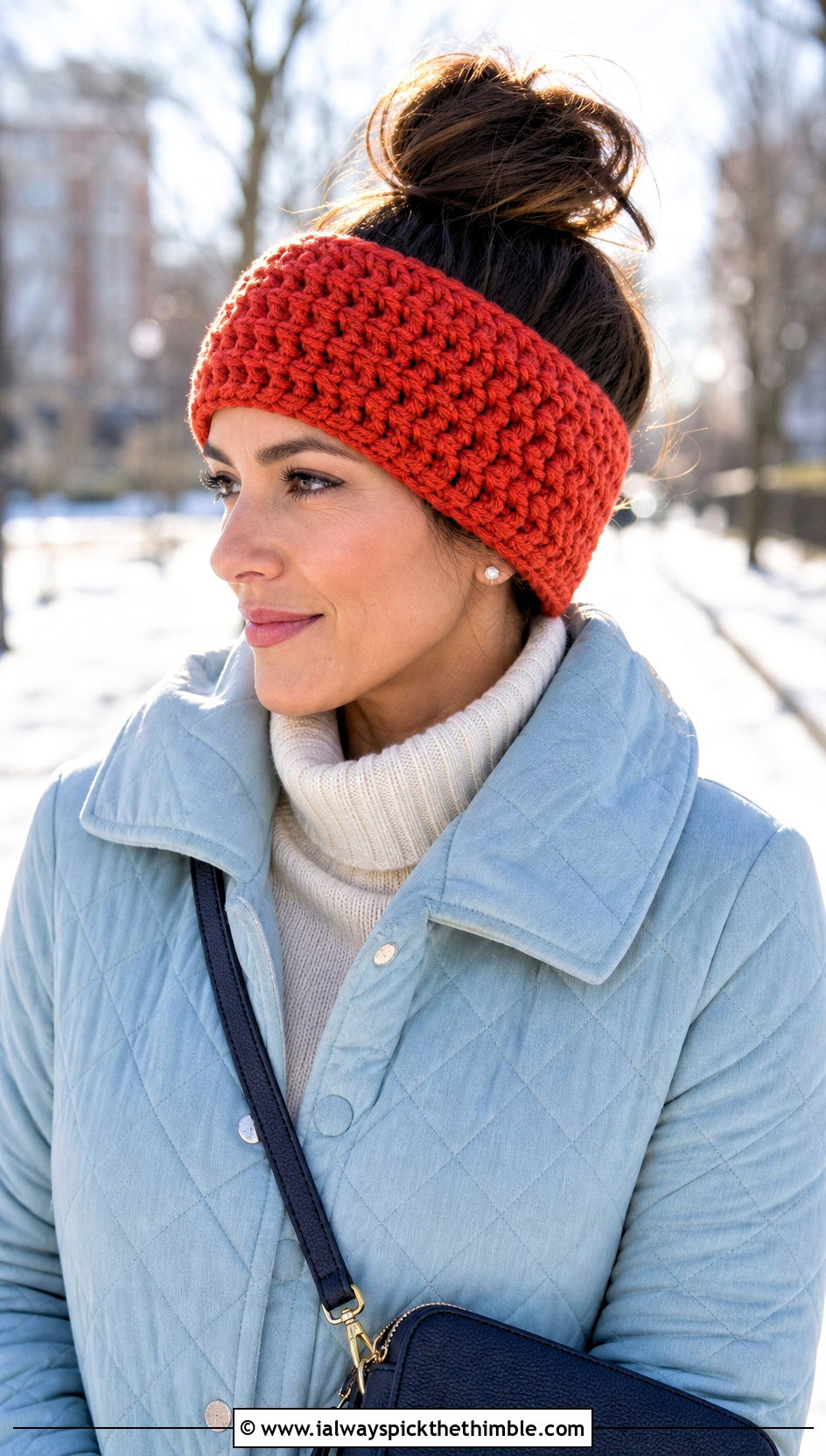 Ear Warmer Messy Bun Crochet Hat With Quilted Coat - 20 Easy Messy Bun Crochet Hat outfit ideas