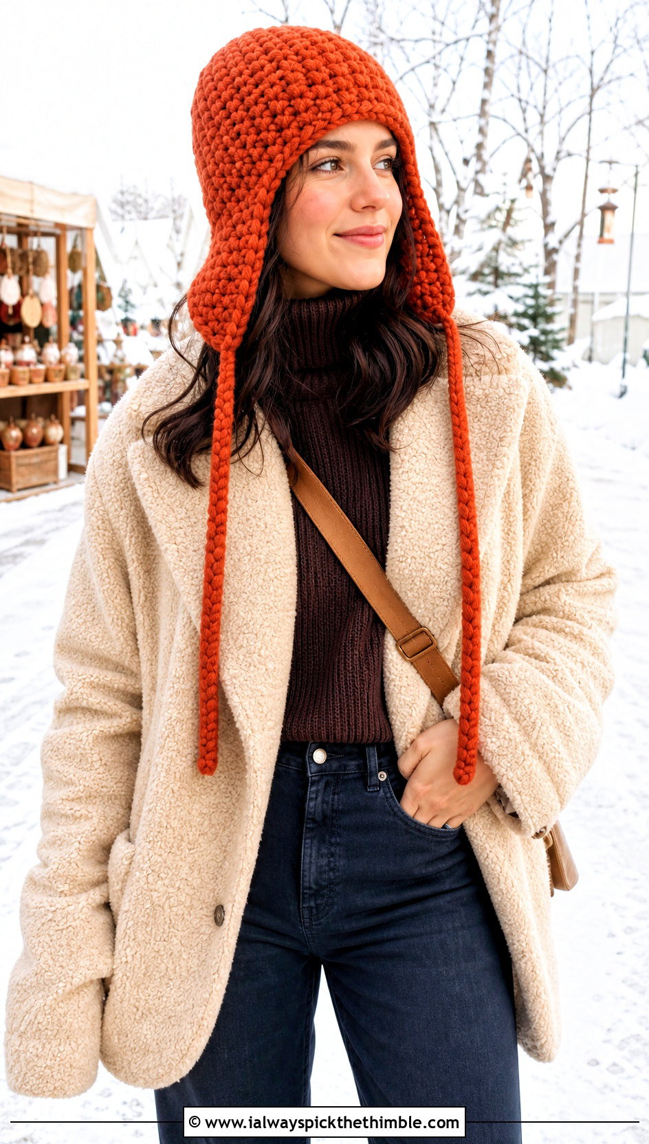 Earflap Beanie With Teddy Coat And Flare Jeans - 15 Crochet Beanie With Super Bulky Yarn outfit ideas