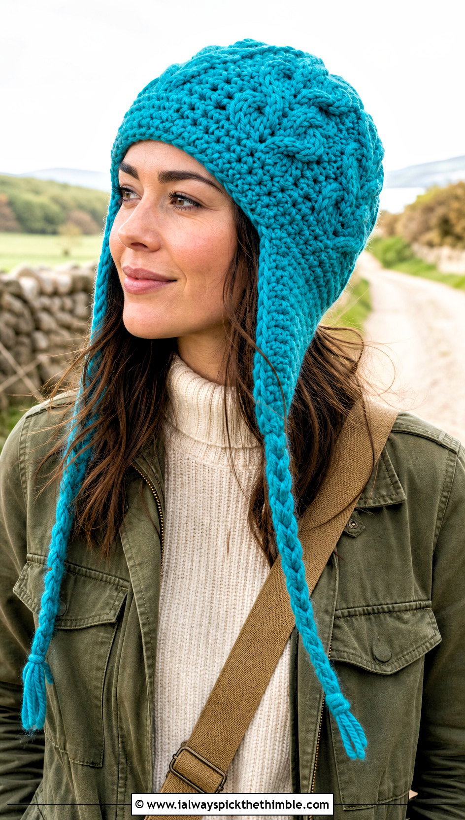 Earflap Cable Crochet Beanie With Utility Jacket - 15 cabled crochet beanie design outfit ideas