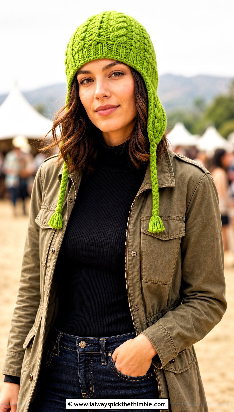 Earflap Cable Crochet Hat With Utility Jacket - 20 Cable Knit Crochet Hat outfit ideas