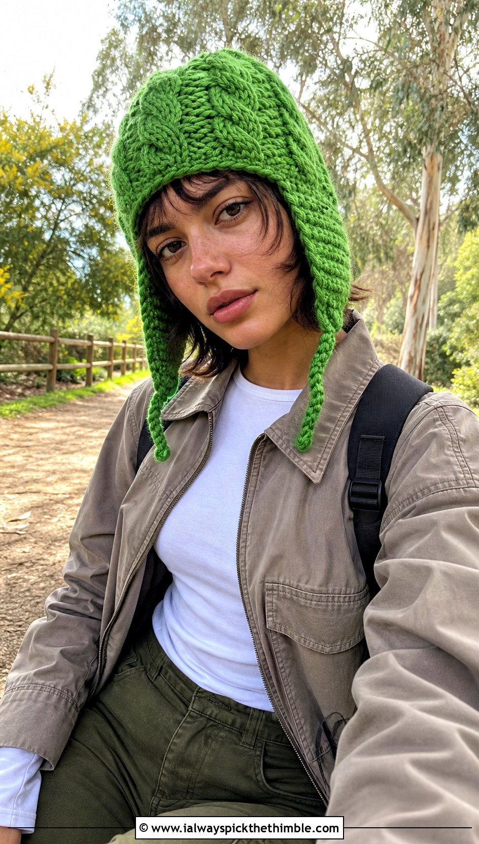 Earflap Cable Crochet Hat With Utility Jacket - 20 Cable Crochet Hat outfit ideas