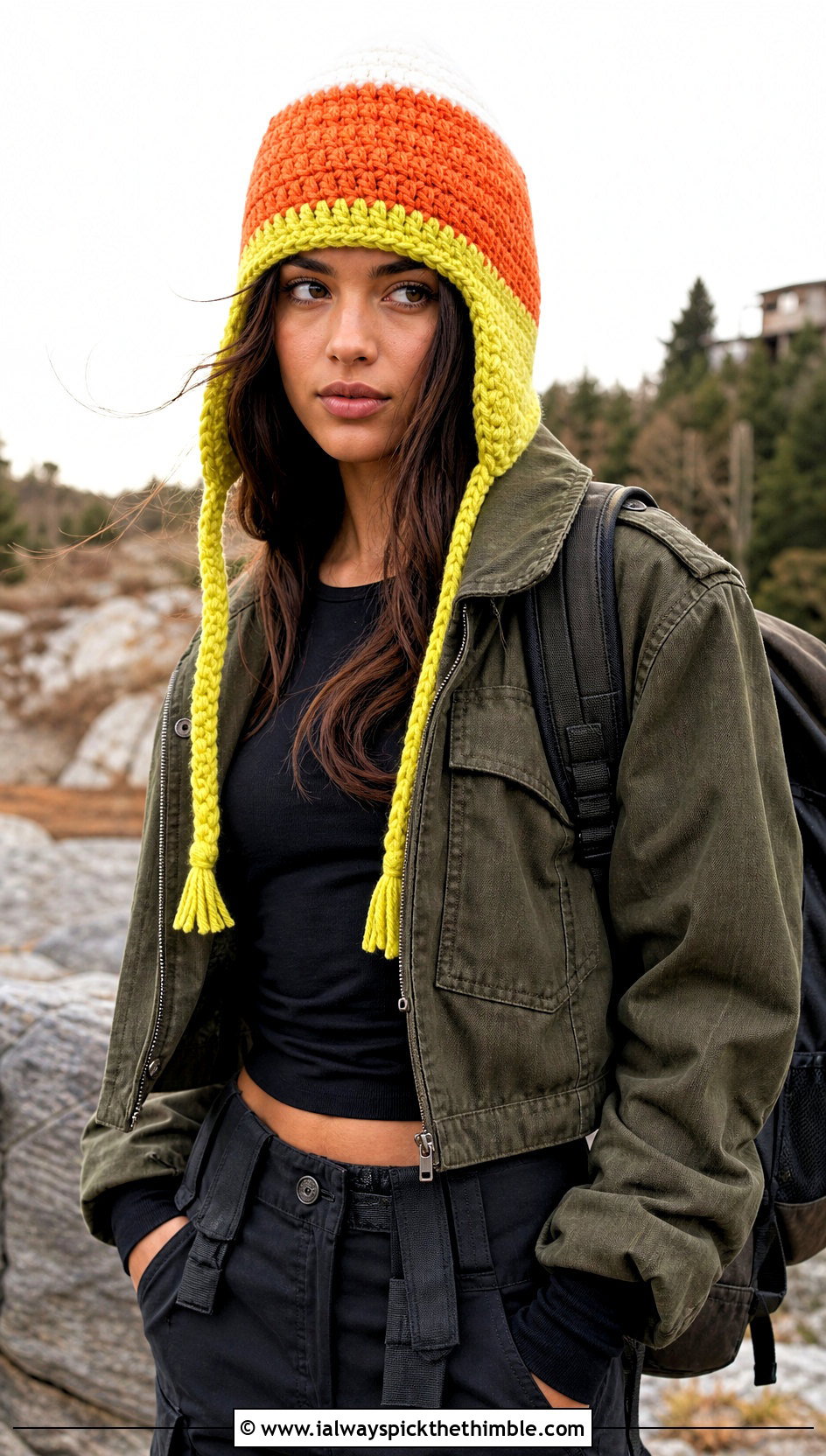 Earflap Candy Corn Crochet Beanie With Cargo Pants - 15 candy corn crochet beanie outfit ideas