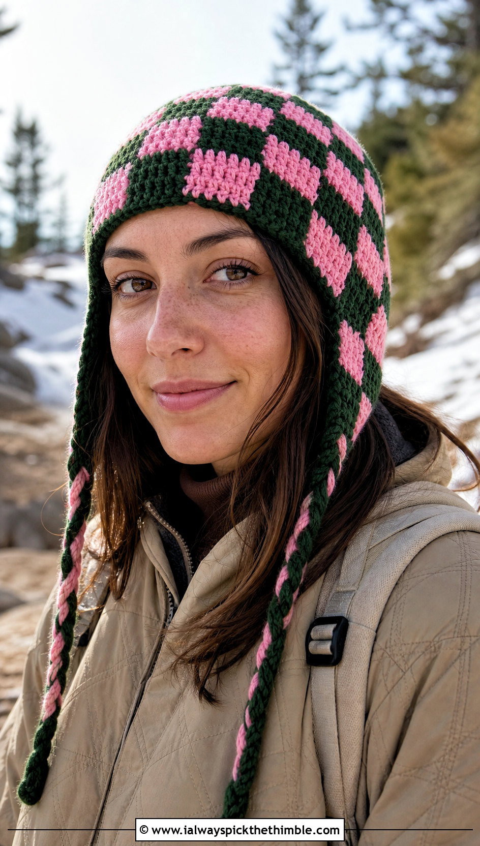 Earflap Checkered Beanie With Quilted Jacket - 25 crochet checkered beanie outfit ideas