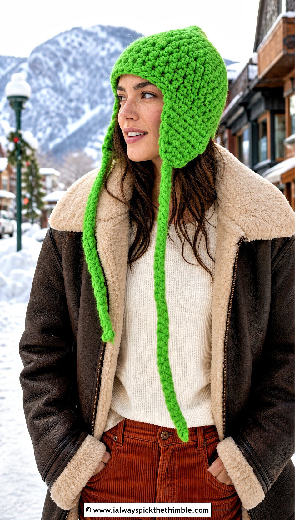 Earflap Chunky Crochet Hat With Shearling Jacket And Corduroy Pants - 20 Easy Chunky Crochet Hat outfit ideas
