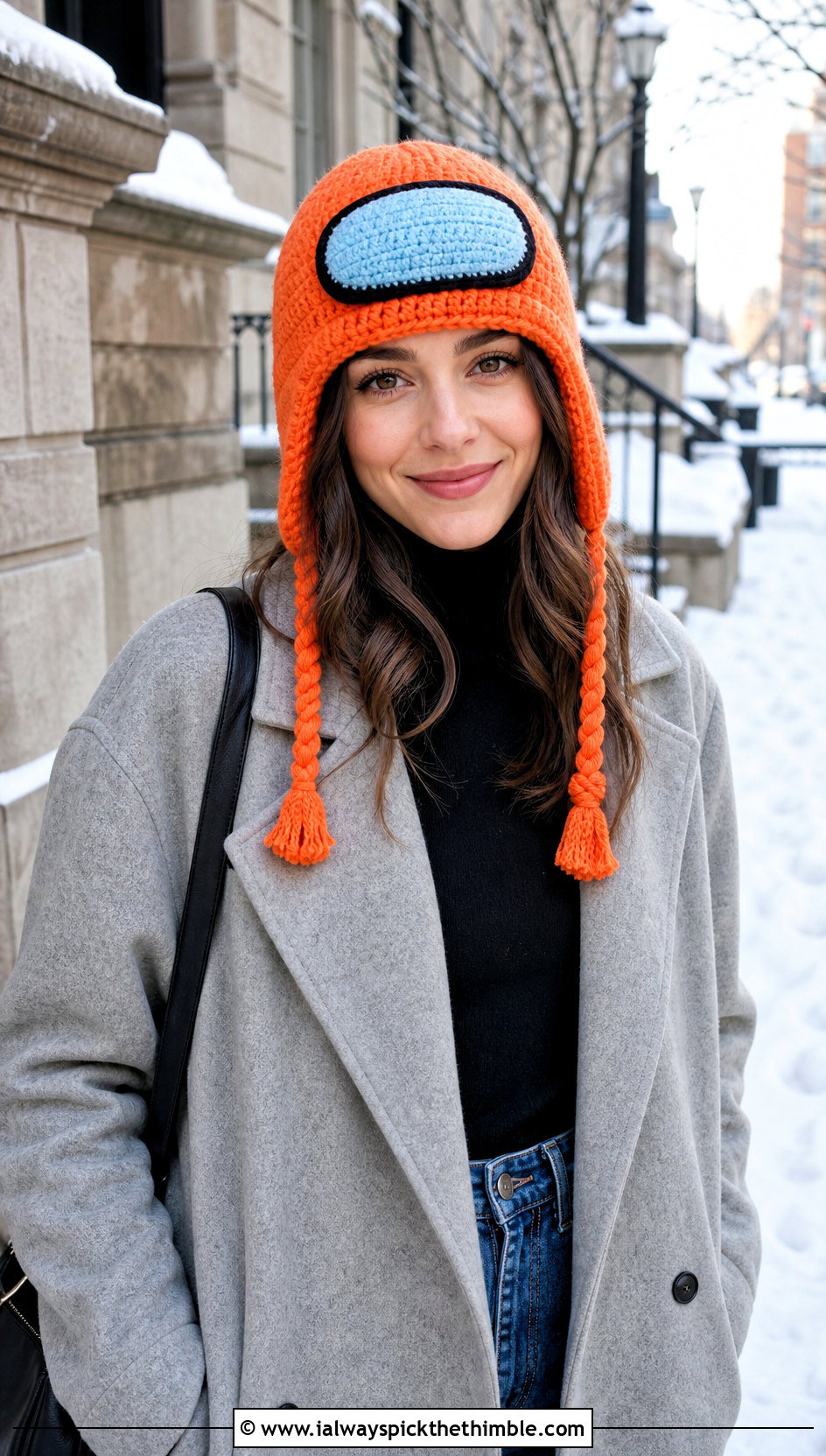 Earflap Crewmate Hat With Long Wool Coat - 20 Among Us Crochet Hat outfit ideas