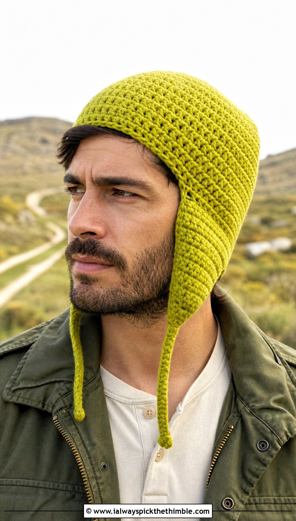 Earflap Crochet Beanie With Field Jacket - 25 Men Crochet Beanie outfit ideas