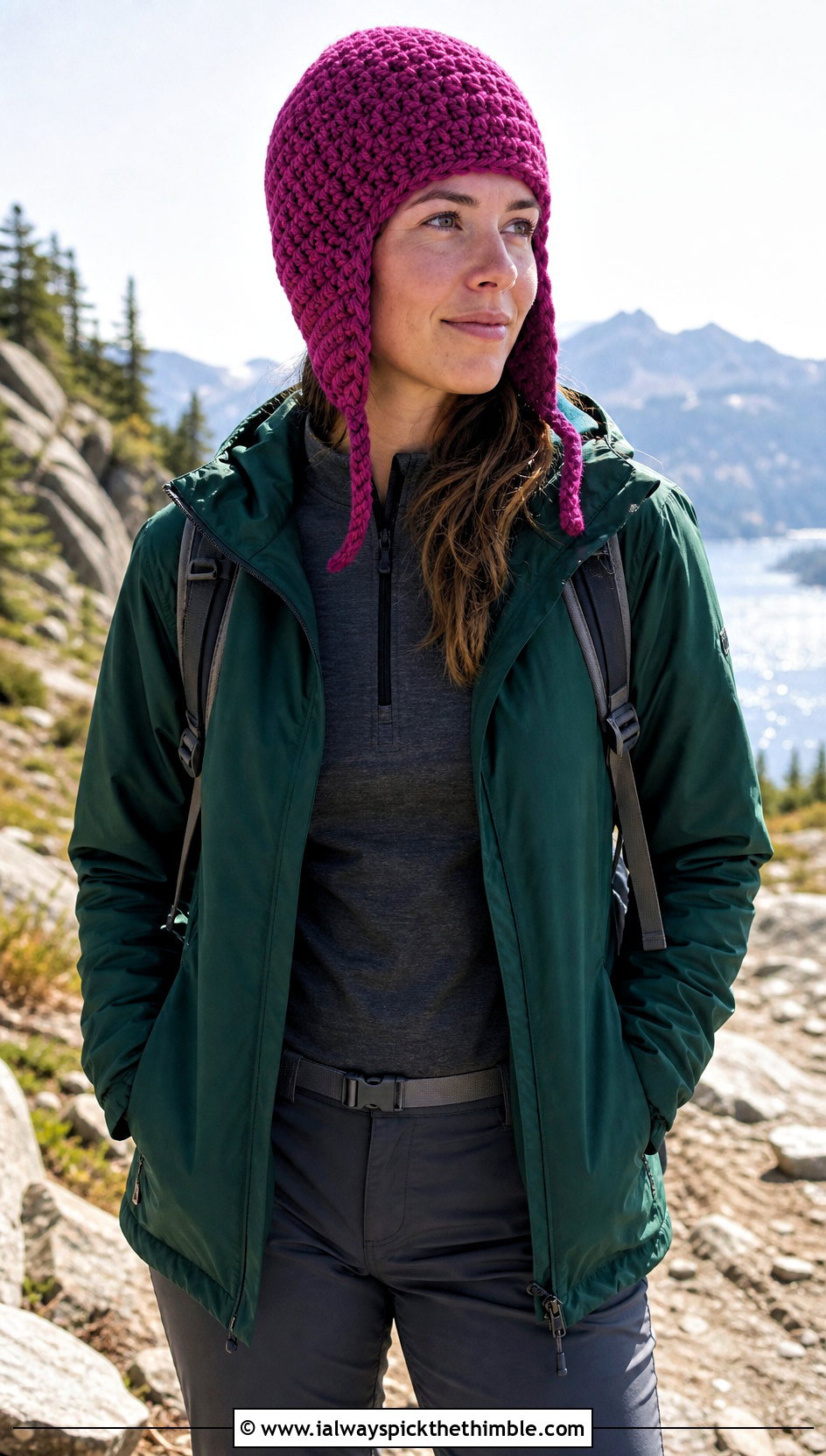 Earflap Crochet Beanie With Parka And Hiking Pants - 20 beginner crochet beanie outfit ideas