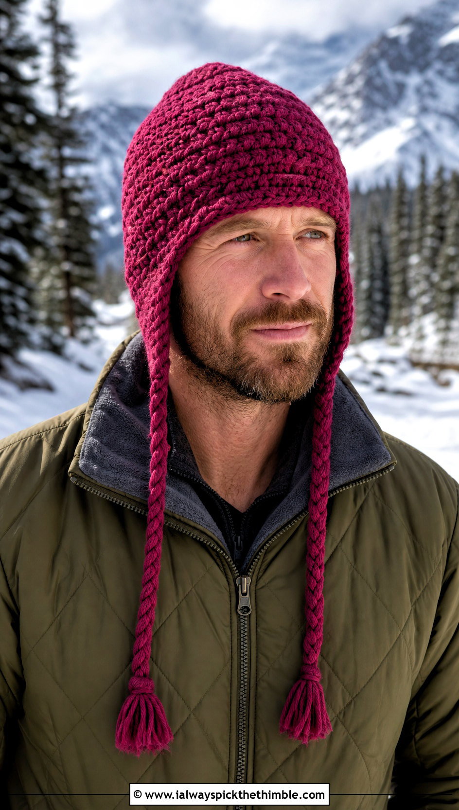 Earflap Crochet Beanie With Quilted Jacket - 20 crochet man beanie outfit ideas
