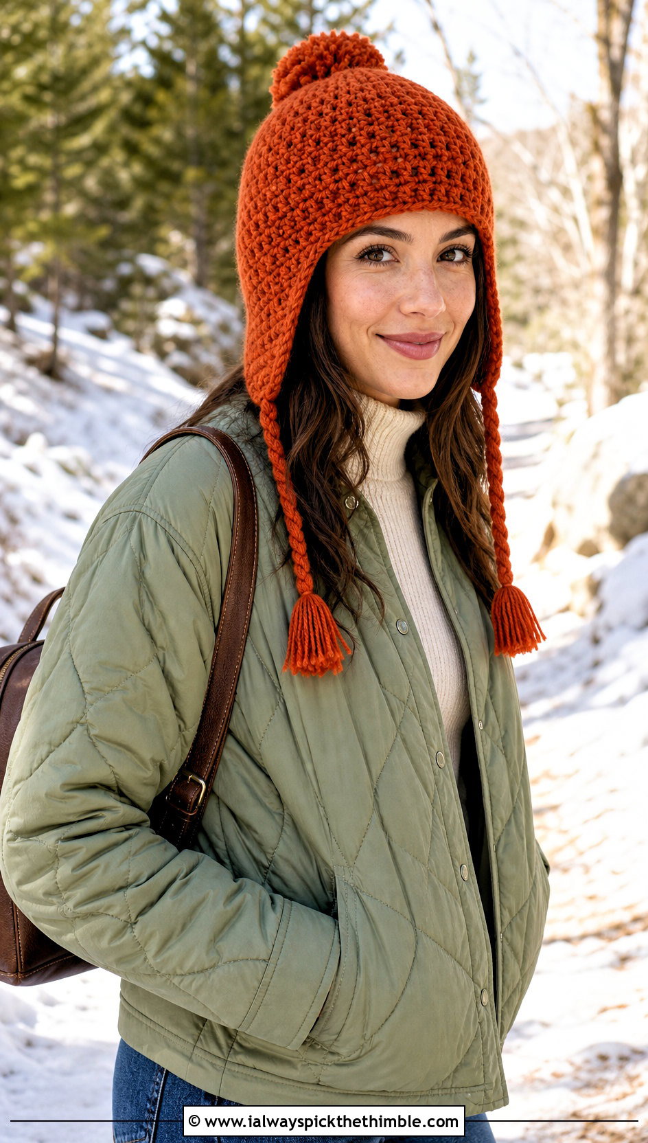 Earflap Crochet Beanie With Quilted Jacket And Barrel Jeans - 20 Boho Crochet Beanie outfit ideas