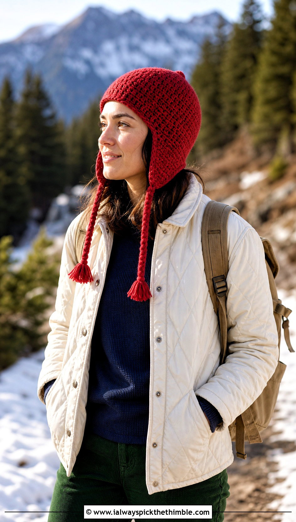 Earflap Crochet Beanie With Quilted Jacket And Corduroy Pants - 15 Easy Crochet Beanies For Beginners outfit ideas