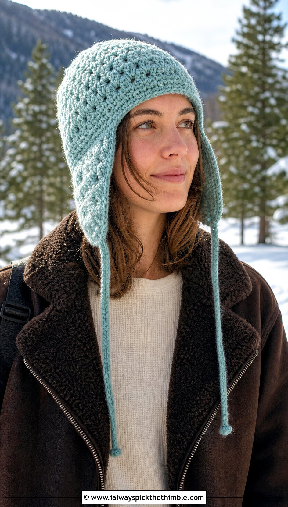 Earflap Crochet Beanie With Shearling Coat - 15 cool crochet beanie outfit ideas