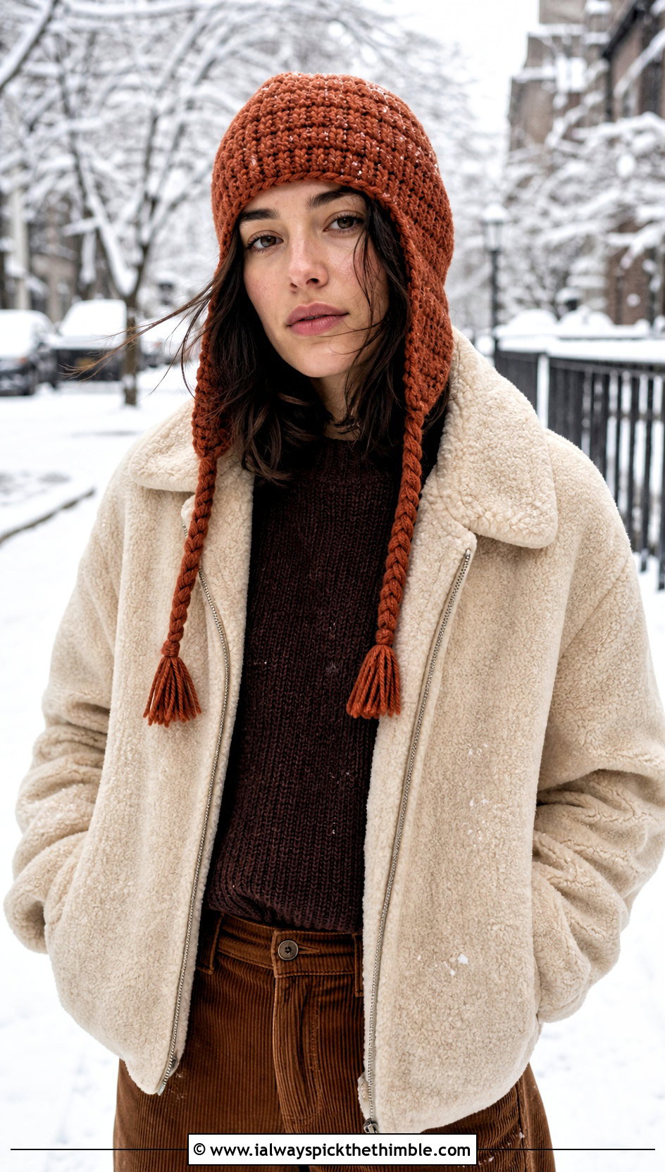 Earflap Crochet Beanie With Shearling Jacket - 20 Quick Crochet Beanie outfit ideas