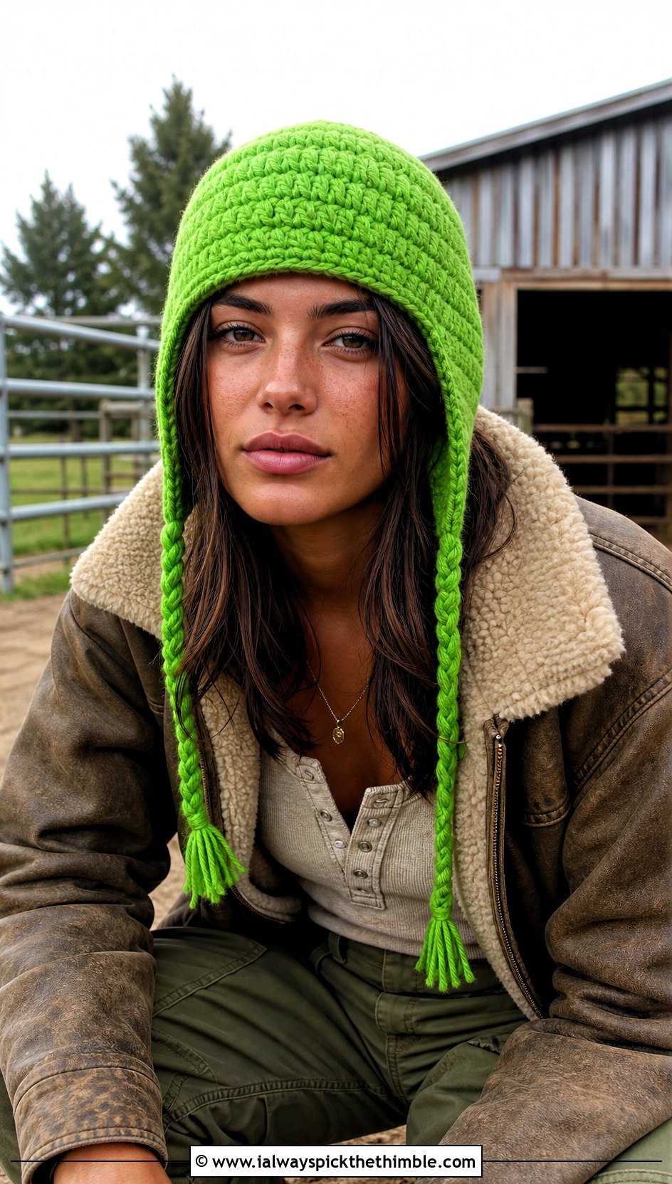 Earflap Crochet Beanie With Shearling Jacket And Cargo Pants - 20 country cottage crochet beanie outfit ideas