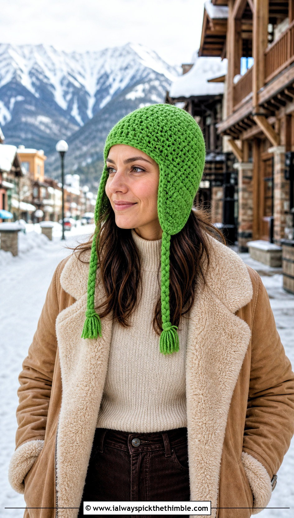 Earflap Crochet Beanie With Shearling Jacket And Corduroy Pants - 25 basic crochet beanie outfit ideas