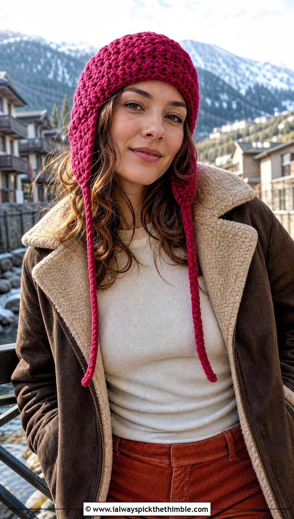 Earflap Crochet Beanie With Shearling Jacket And Corduroy Pants - 25 aesthetic crochet beanie outfit ideas