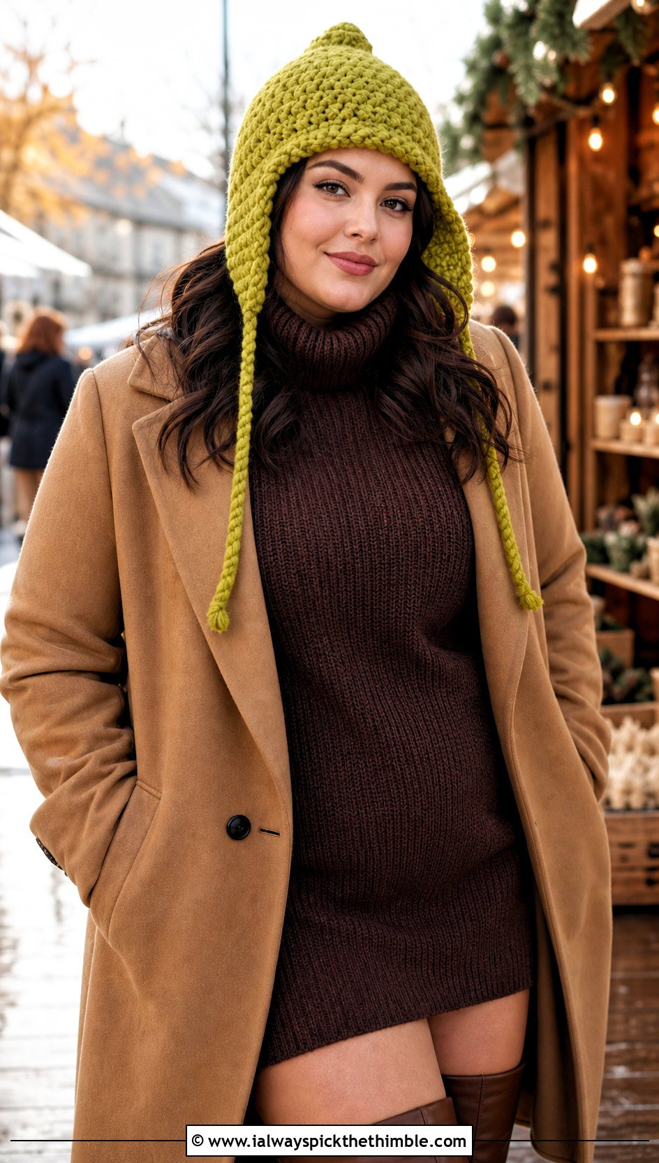 Earflap Crochet Beanie With Sweater Dress And Knee High Boots - 15 Crochet Beanie All Sizes outfit ideas