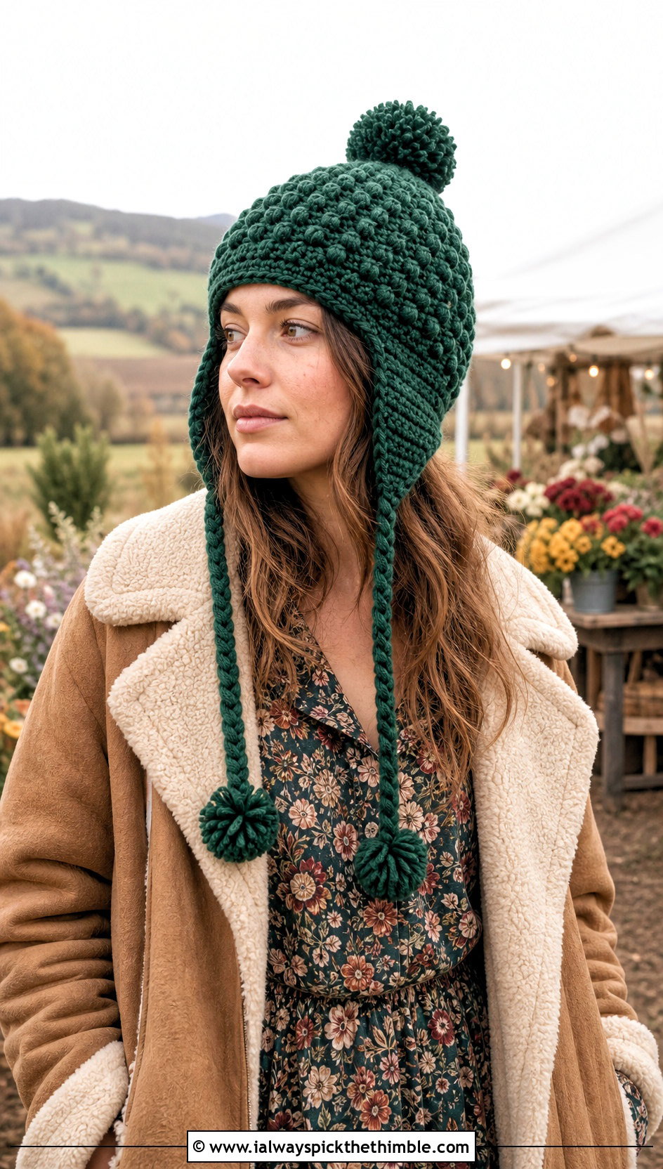Earflap Crochet Bobble Hat With Boho Maxi Dress - 20 crochet bobble hat outfit ideas