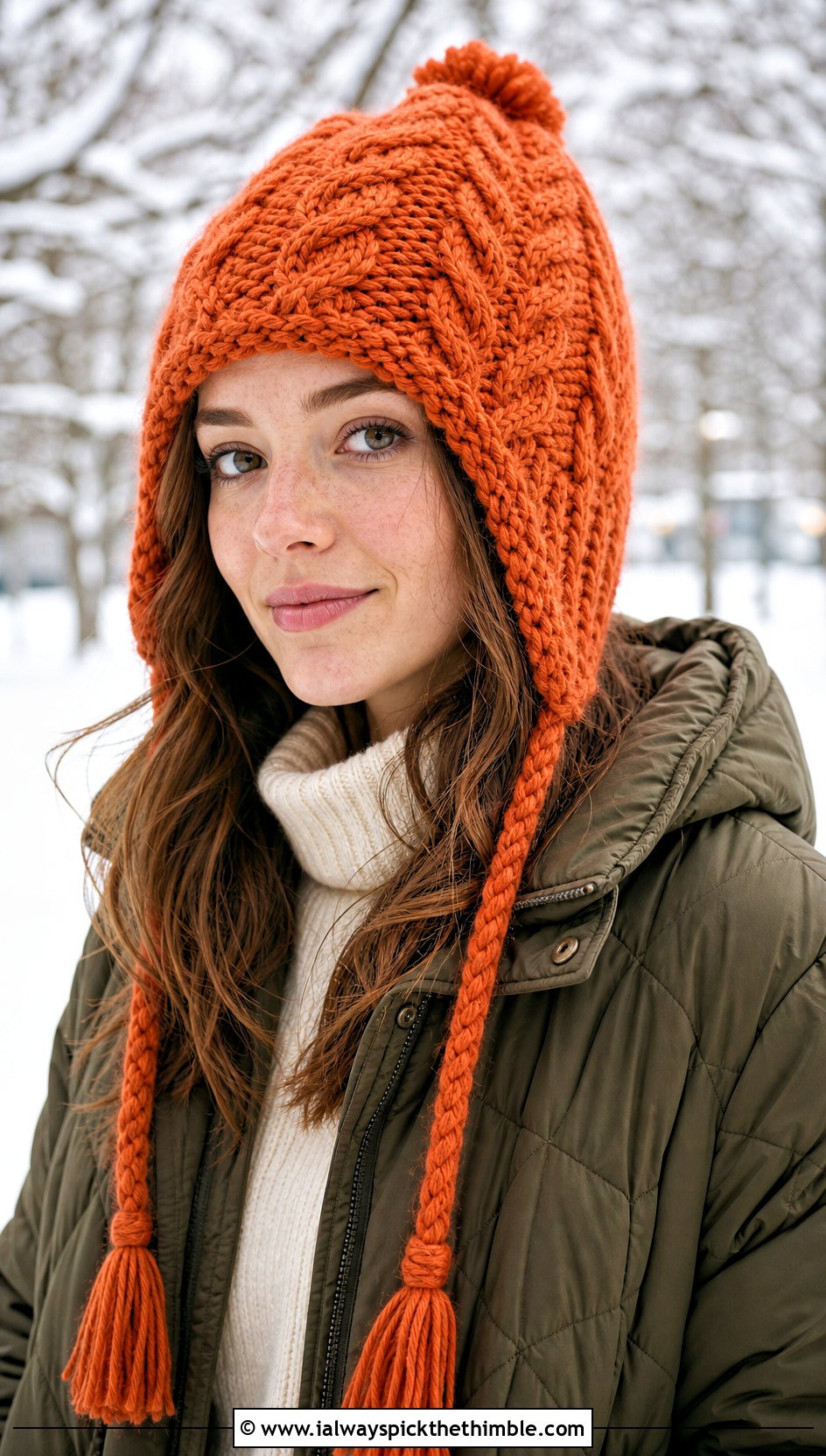 Earflap Crochet Cable Hat With Quilted Coat - 25 crochet cable hat outfit ideas
